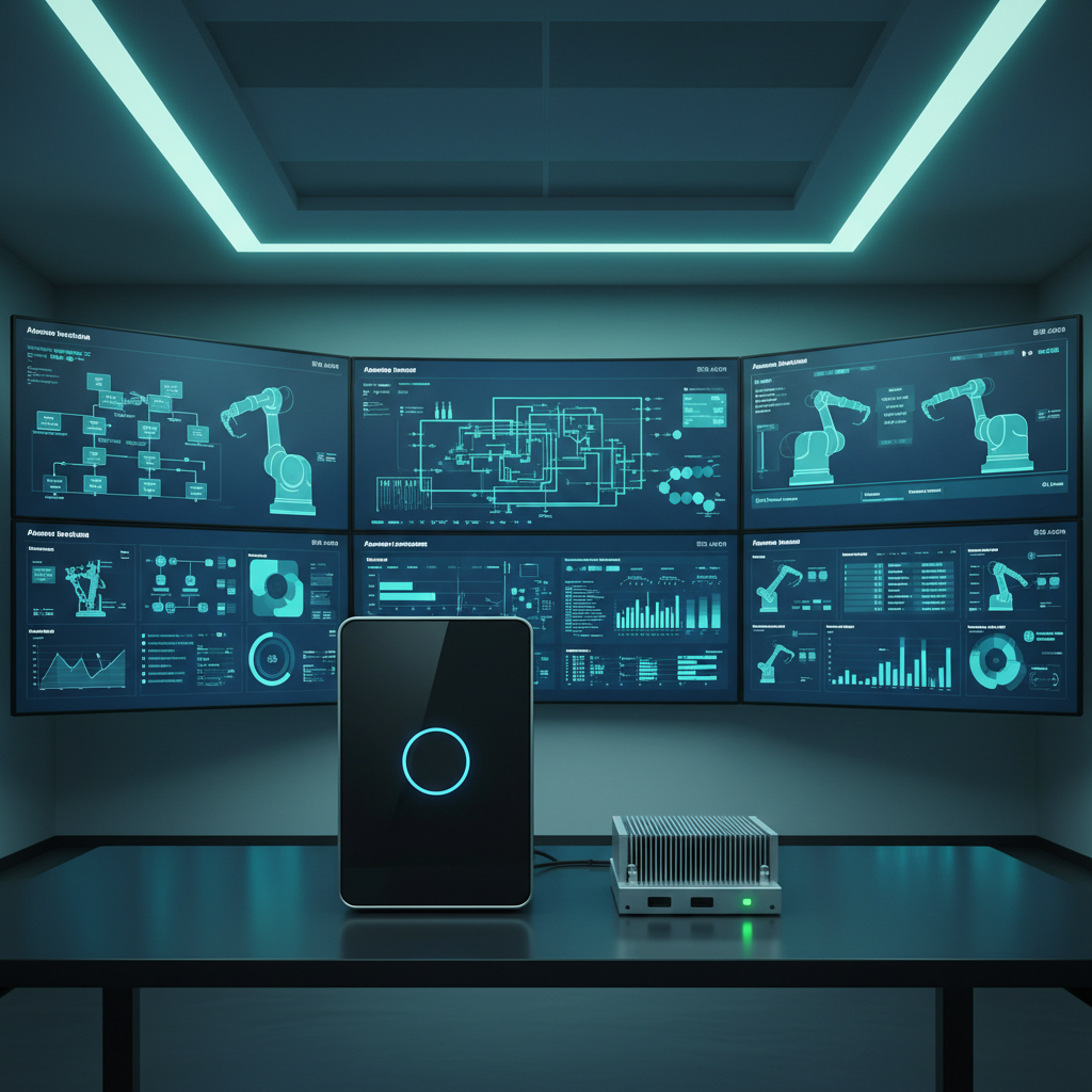 A minimalist automation control room featuring a large curved wall of ultra-wide monitors displaying real-time dashboards, robot status diagrams, and clean data visualizations in cool blues and greens. In the center foreground, a sleek black and silver industrial PC with illuminated power indicator rests on a matte dark desk beside a compact edge-computing module with visible heat-sink fins. Soft, indirect LED strip lighting runs along the ceiling and desk edges, creating a calm, focused glow without harsh glare on the screens. Captured at eye level with a balanced, centered composition and moderate depth of field, all key equipment is in crisp focus. The mood is calm, authoritative, and analytical, with photographic realism and a polished, corporate style emphasizing centralized control of robotic systems.