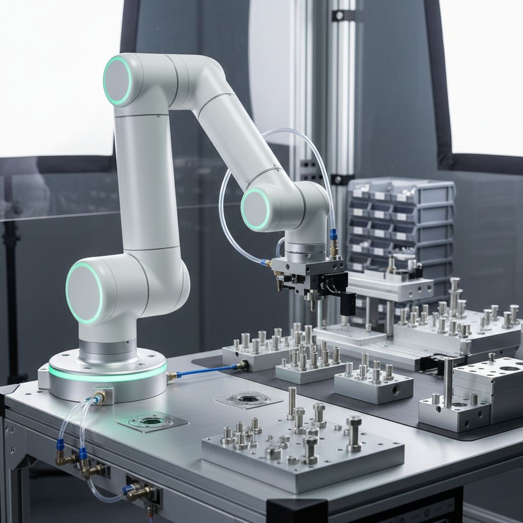 A high-end collaborative robot cell designed for small-part assembly, featuring a compact six-axis cobot in smooth white composite with integrated status ring light glowing soft teal. The robot is mounted on a clean aluminum workstation with embedded vision cameras and neatly routed pneumatic lines. Around it sit precision-machined fixtures holding uniform metal components, all on a matte anti-static work surface. Neutral, diffused studio-style lighting from both sides highlights the cobot’s contours and minimises harsh reflections on metal parts. Shot from a slightly elevated three-quarter angle, the cobot is framed using the rule of thirds, with background elements of safety fencing and stacked trays subtly out of focus. The scene feels safe, approachable, and highly professional, rendered in photographic realism ideal for showcasing flexible automation capabilities.