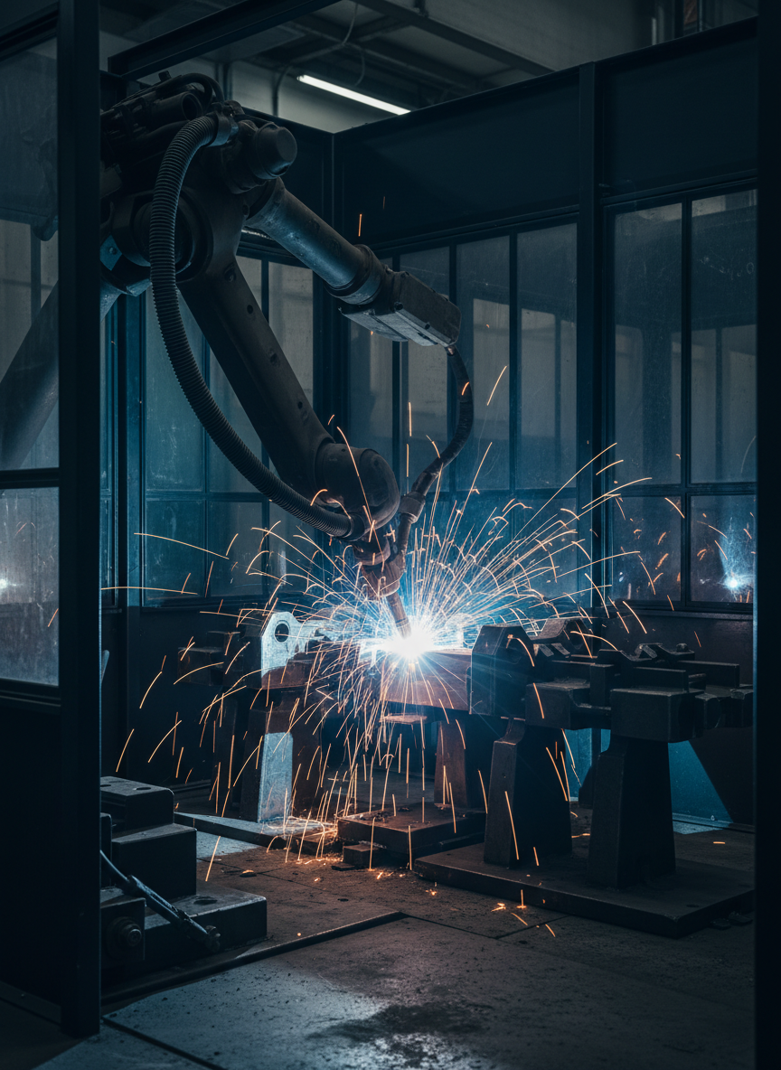 A dramatic close-up of a robotic welding cell, where a sturdy, dark graphite robotic arm with braided protective cable sleeves directs a bright electric arc onto a steel assembly. Sparks fly in controlled arcs, illuminating the matte black safety enclosure and casting dynamic, high-contrast highlights on the weld joint. The surrounding area shows heavy-duty steel fixtures and a dark, textured floor, all shielded and enclosed to suggest safety and control. Strong, directional artificial lighting from above and behind the robot combines with the welding arc’s glow, creating a cinematic, industrial atmosphere. Captured from a low-angle, tight composition with shallow depth of field, the molten weld pool and robot torch are in sharp focus. The mood is powerful, precise, and rugged, with photographic realism emphasizing robust industrial automation.