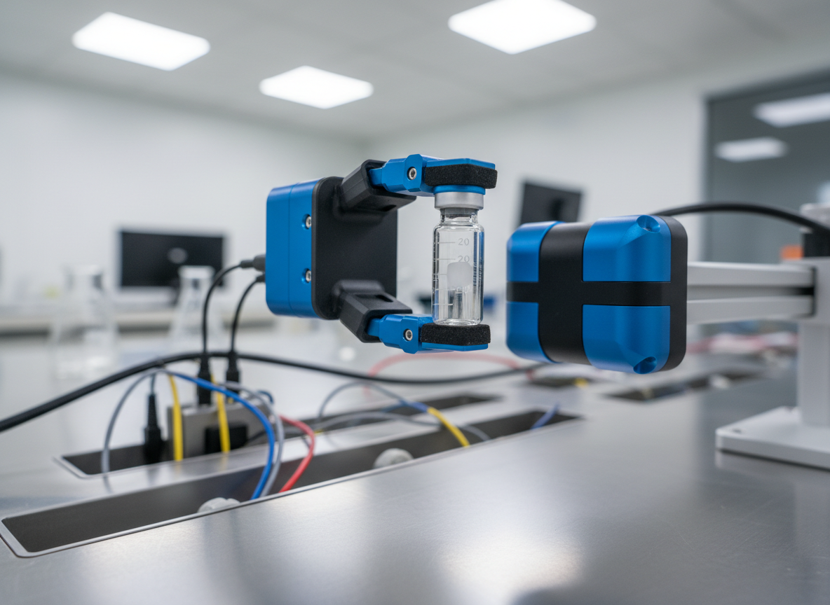 A close-up of a compact, high-precision robotic gripper made of anodized aluminum and textured black polymer, gently holding a delicate glass vial with etched measurement markings. The gripper is mounted on a linear actuator above a stainless steel work surface in a pristine lab-like environment, with neatly arranged sensors and cables routed in tidy channels. Soft diffused white light from overhead panels eliminates harsh shadows and emphasizes the clean, sterile workspace. Shot with a shallow depth of field from a three-quarter angle, the gripper and vial are razor sharp while the background fades into a smooth blur. The mood is meticulous, clinical, and dependable, rendered in photographic realism to convey accuracy and care in automated handling systems.