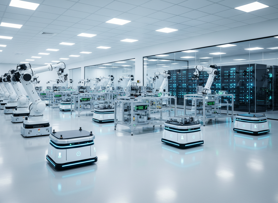 A wide view of a fully automated smart factory, filled with coordinated autonomous mobile robots and articulated arms moving in perfect synchronization. Smooth white and silver machines glide between modular workstations, each station clearly labeled with digital displays and status lights. The polished epoxy floor subtly reflects the robotics systems under bright, evenly distributed LED panel lighting. A large glass wall in the background reveals server racks with cool blue indicator lights. Captured from a slightly elevated cinematic angle with sharp focus throughout, the composition highlights workflow and scalability. The atmosphere is high-tech, orderly, and trustworthy, with photographic realism and a professional, corporate visual style emphasizing end-to-end automation solutions.