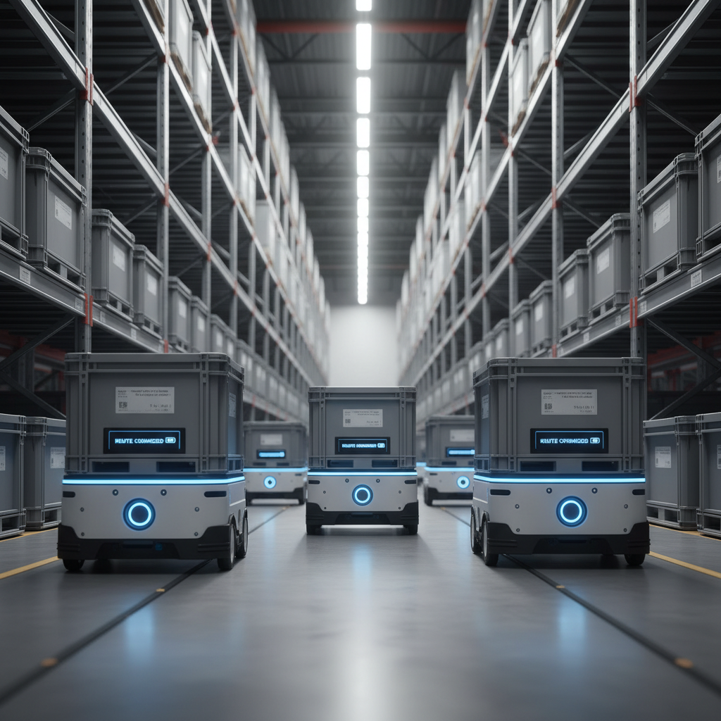 A network of small, wheeled autonomous robots navigating a meticulously organized warehouse aisle filled with neatly stacked, uniformly labeled crates on tall industrial shelving. Each robot features a low-profile chassis in matte white with subtle branding, glowing blue navigation sensors, and a digital status display. Overhead, high bay LED lights produce bright, even illumination, creating gentle reflections on the polished concrete floor and casting soft shadows beneath each robot. Photographed from a low-angle perspective that emphasizes depth and vanishing lines of the shelving, the composition uses leading lines to draw the eye through the scene. The atmosphere is efficient, scalable, and data-driven, with photographic realism and a professional, logistics-focused aesthetic.